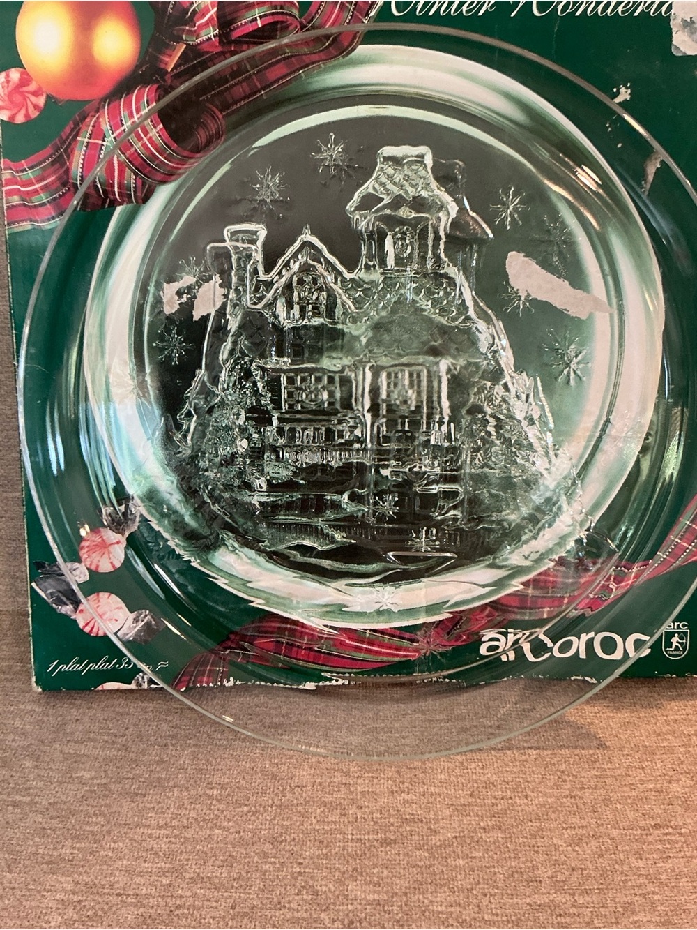 #851 Vintage Clear Glass Holiday Serving Plate with Embossed Cottage - Arcoroc
